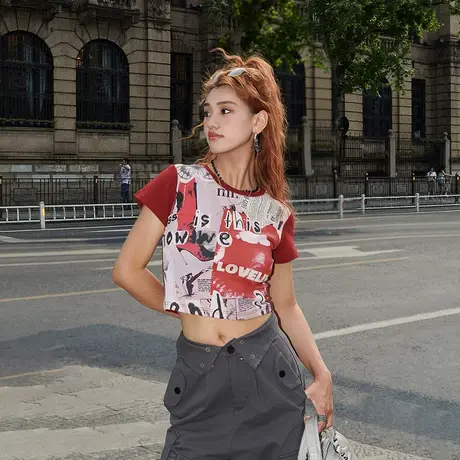 YEP潮牌满印正肩t恤女短袖2025年新款夏季复古紧身辣妹风短款上衣商品大图