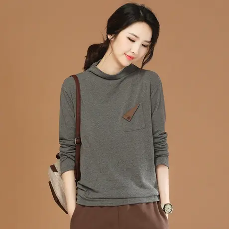 新品8.5折】堆堆领设计感撞色长袖打底衫女冬季新款百搭T恤内搭厚商品大图