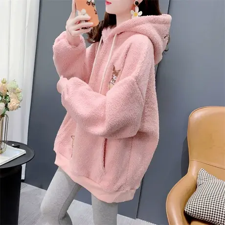 卡通刺绣羊羔毛加绒加厚连帽卫衣女2023新款秋冬宽松减龄外套上衣商品大图