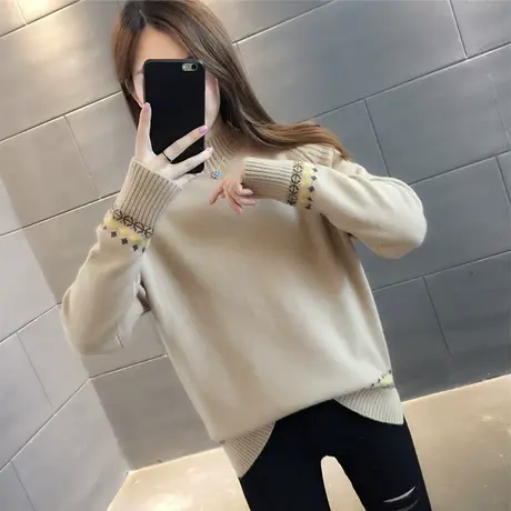 2023秋冬新款半高领女士毛衣宽松外穿针织衫女打底衫加厚保暖套头商品大图