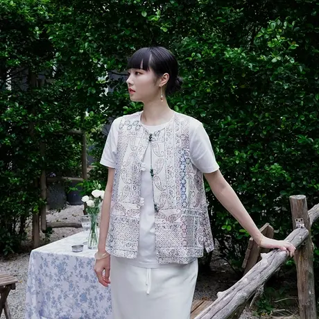 新中式刺绣马甲女款今年流行马夹2023秋季新款提花轻国风上衣外搭商品大图