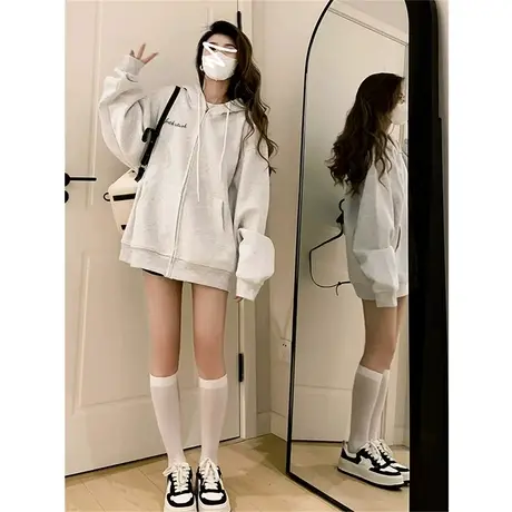 秋冬连帽灰色卫衣外套女秋冬2023年新款韩版休闲初秋拉链开衫秋装商品大图