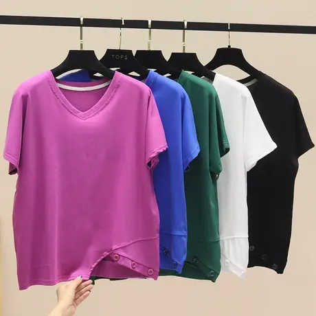 复古开叉不规则设计短袖t恤女夏季薄款宽松V领体恤上衣显瘦打底衫商品大图