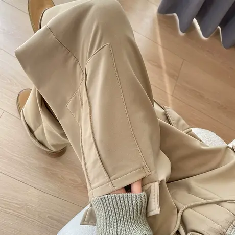 加绒休闲裤女2024新款秋冬加厚阔腿裤高腰工装裤卡其色裤子直筒裤商品大图