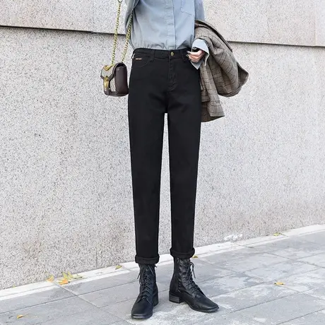 黑色牛仔裤女直筒宽松秋冬加绒新款高腰老爹裤显瘦显高百搭烟管裤图片