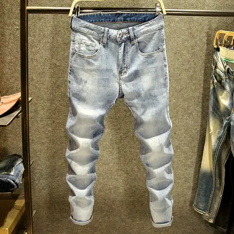 浅蓝色百搭牛仔裤男潮牌修身弹力裤大牌刺绣时尚简约高端小脚裤潮商品大图
