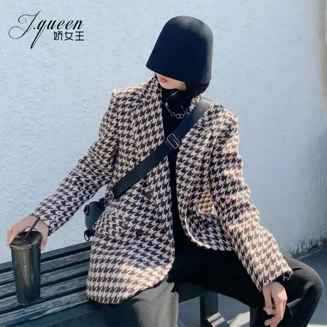 毛呢西装外套女秋冬新款韩版宽松复古千鸟格显瘦气质呢子西服厚款商品大图