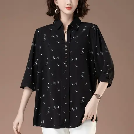七分袖雪纺衬衫女夏季加肥加大码女装宽松中年妈妈遮肚子半袖衬衣图片