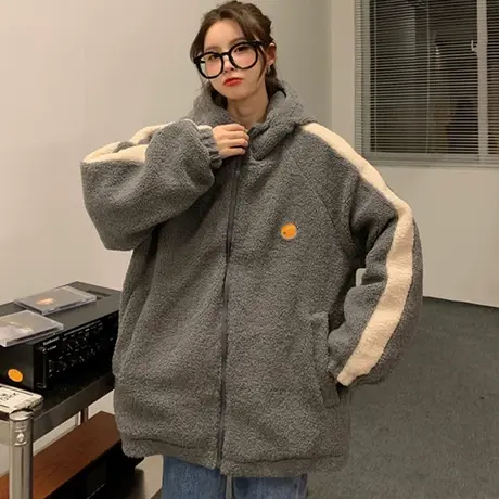 羊羔毛卫衣女秋冬宽松韩版潮ins设计感小众上衣加绒加厚开衫外套商品大图