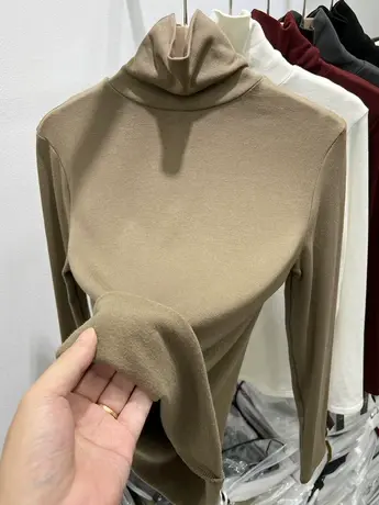 欧货堆堆领高领加薄绒长袖T恤女2023秋冬新款修身内搭打底衫上衣商品大图