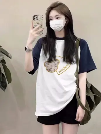 大码胖mm200斤撞色短袖t恤女2023夏季新款韩版宽松长款甜辣妹上衣图片