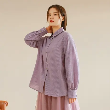 【买一送一】秋新品学院风条纹显瘦衬衫大码棉质长袖文艺宽松衬衣商品大图