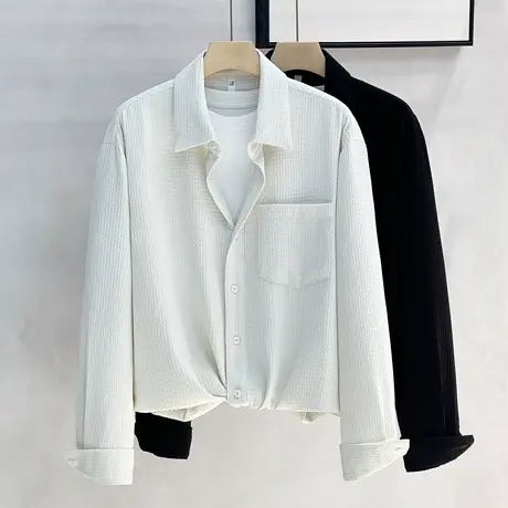 白衬衫男长袖春秋华夫格宽松薄外套美式休闲男士夏季衬衣抗皱上衣商品大图