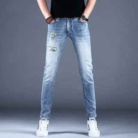 2023春季新款男士牛仔裤男时尚烫钻印花原宿风修身小脚长裤男潮牌商品大图