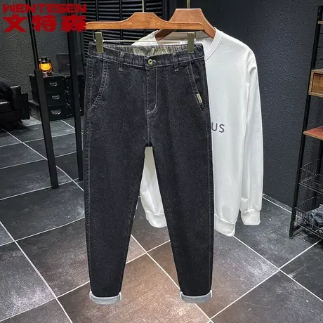 春秋季新款韩版潮流牛仔裤男时尚黑色百搭小直筒长裤子潮牌男裤图片