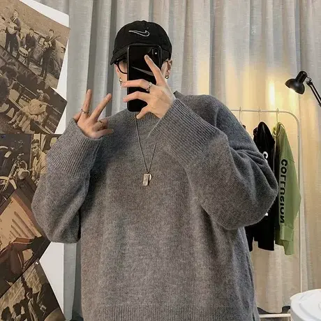 纯色套头毛衣男秋冬季简约百搭圆领针织衫ins港风宽松打底毛线衣商品大图