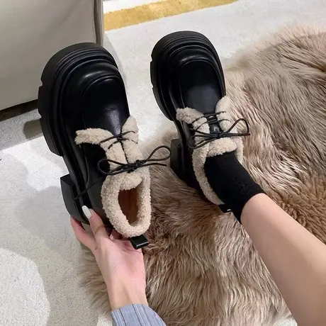 英伦风冬季加绒小皮鞋女厚底2023新款秋冬百搭乐福鞋子jk软底棉鞋商品大图