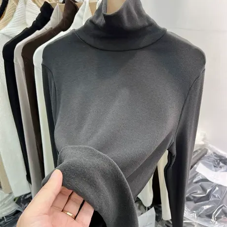 欧货高领纯色百搭加薄绒长袖T恤女2023秋冬新款内搭打底衫上衣厚商品大图