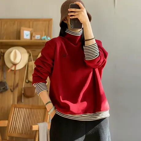 dza 复古相色条纹拼接加厚卫衣女冬新款宽松双面加绒内搭长袖上衣图片