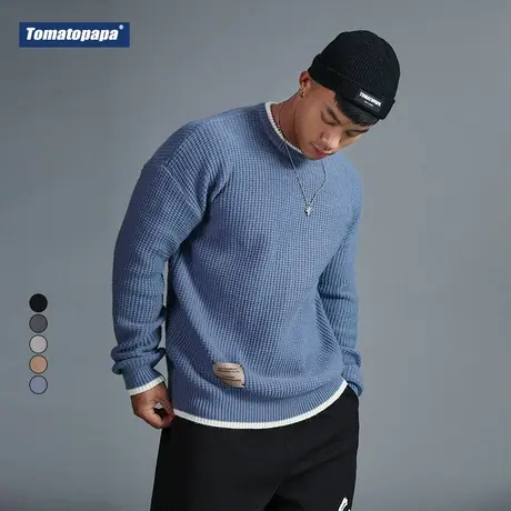 TOMATOPAPA秋季原创宽罗纹编织领毛衣男保暖套头针织衫长袖打底衫商品大图