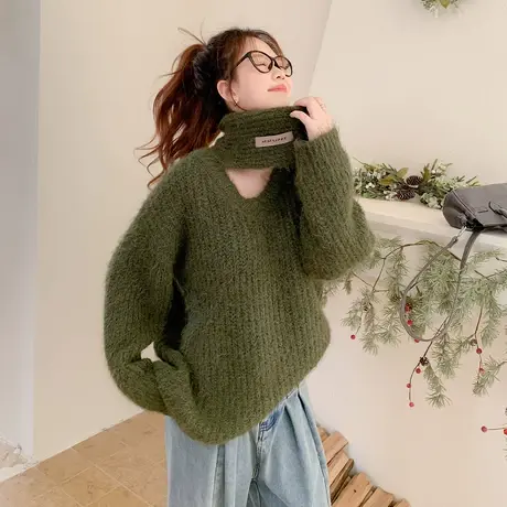 othermix针织围脖宽松慵懒V领毛衣女2024春新款休闲百搭针织上衣图片