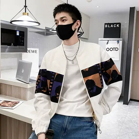 秋季男士夹克外套上衣工装拼接修身拼接时尚休闲潮流棒球服个性商品大图