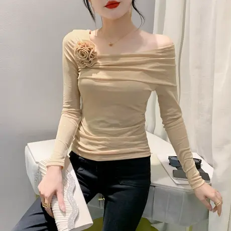 性感网纱斜肩领打底衫女内搭长袖时尚设计感花朵T恤修身收腰上衣商品大图