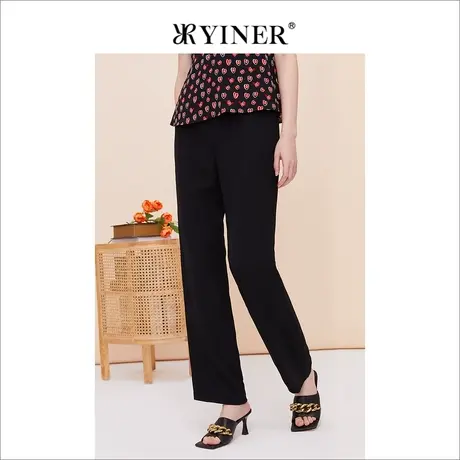 YINER音儿线上专选女装2023夏季百搭通勤休闲裤黑色直筒长裤商品大图