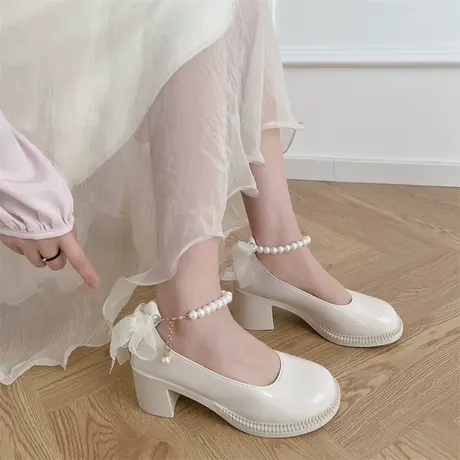 单鞋女2024春季新款法式伴娘鞋子气质百搭粗跟玛丽珍鞋女鞋高跟鞋图片