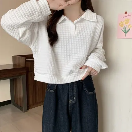 小个子短款华夫格长袖薄款卫衣女早春秋装2024新款宽松Polo领上衣商品大图