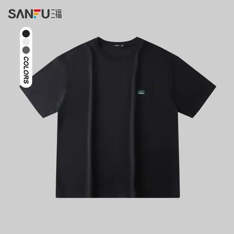 三福2024夏季新款短袖男胸前口袋情侣休闲半袖运动风宽松圆领t恤商品大图
