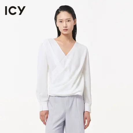 icy新款都市风优雅V领交叉褶皱套头短款轻薄小衫女商品大图