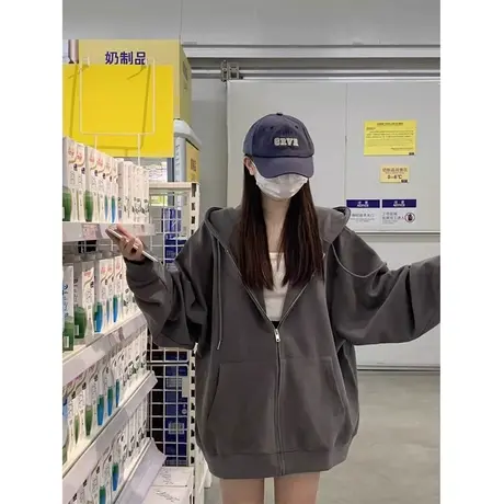 美式连帽开衫卫衣女春秋薄款宽松慵懒风拉链上衣外套大码胖mm显瘦图片