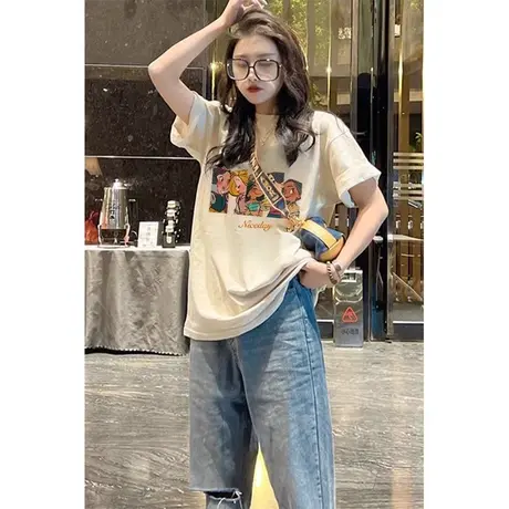 短袖夏季款2024年新款复古卡通T恤女韩版百搭纯棉半袖宽松打底衫商品大图