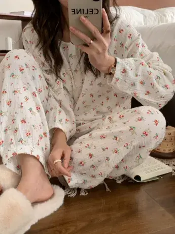 温柔棉纱家居服套装女生全棉韩版亲肤柔软可爱睡衣女春秋商品大图