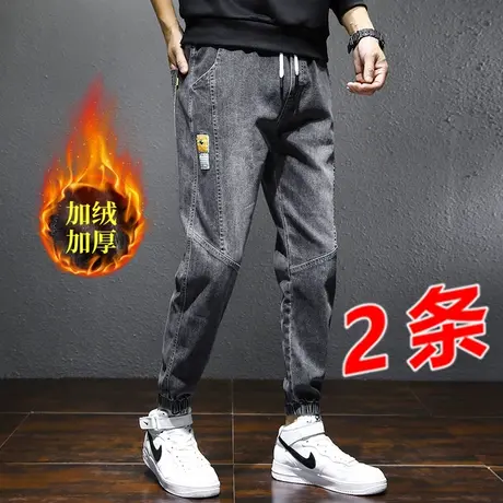 冬季牛仔裤男加绒加厚宽松休闲束脚工装裤男士潮流秋冬款保暖裤子商品大图