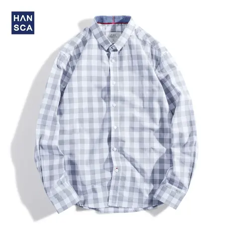 汉斯卡2021新款宽松衬衫男青年韩版潮流长袖休闲百搭洋气格子衬衣商品大图