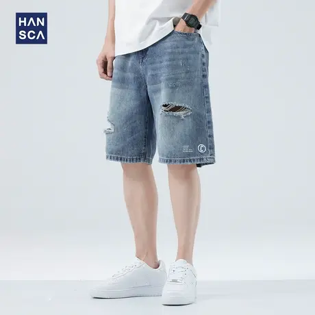 hansca夏季薄款破洞牛仔短裤男美式复古直筒中裤潮牌休闲五分裤子商品大图