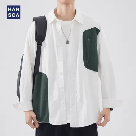 hansca翻领长袖衬衫男春季新款山系户外工装撞色简约休闲衬衣外套商品大图
