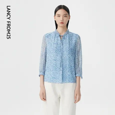 LANCY/悦朗姿夏季新款荷叶边雪纺衬衫女印花长袖宽松通勤衬衣商品大图