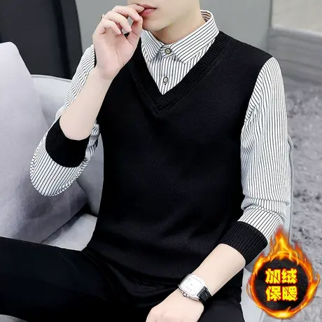 冬季男士加绒加厚毛衣潮流假两件长袖卫衣带领秋装针织内搭打底衫商品大图