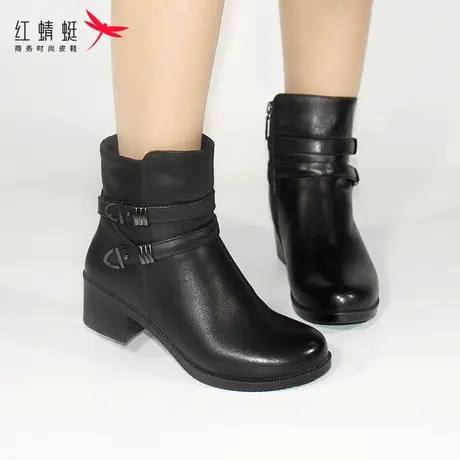 红蜻蜓女鞋冬季新款粗跟短靴牛皮中跟加绒保暖舒适透气防滑妈妈鞋商品大图