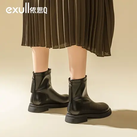 依思q法式短靴小踝靴2023年冬季新款靴鞋女瘦瘦靴厚底马丁靴女款商品大图
