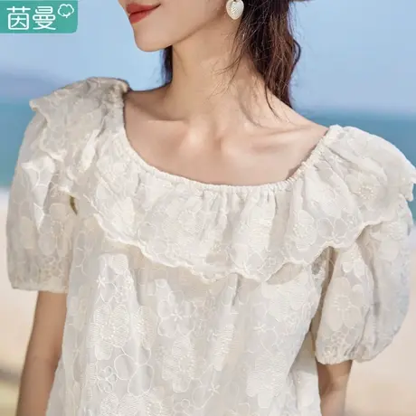 茵曼文艺一字领短袖衬衫女2024新款衬衣仙女法式上衣高级感夏天图片