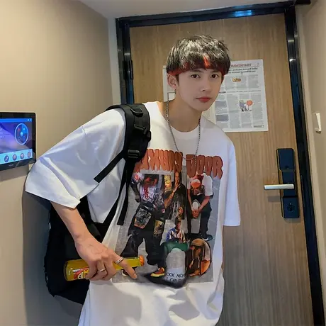 2023短袖t恤男士夏季新款潮流印花宽松上衣青年情侣体恤冰丝半袖商品大图