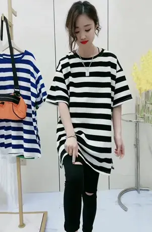 条纹短袖T恤女2022夏季新款圆领宽松简约百搭韩版中长款减龄上衣图片