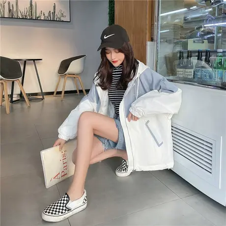 2021年小个子拼色风衣女短款春秋季初中高中学生时尚工装流行外套商品大图