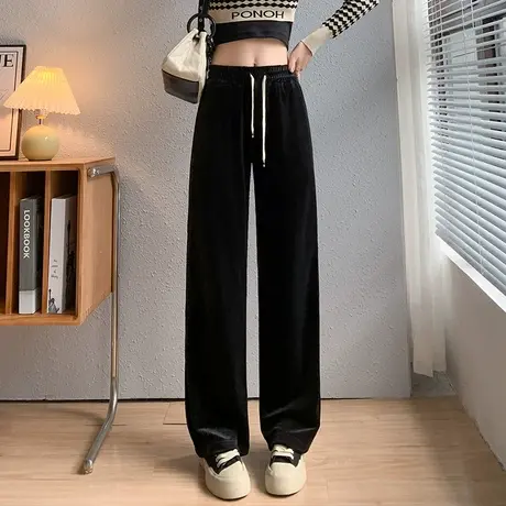 黑色雪尼尔阔腿裤女春秋款2023新款拖地显瘦遮腿粗直筒休闲针织裤图片