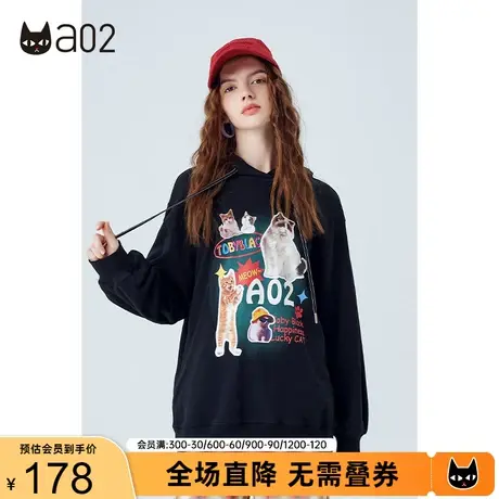 a02卫衣女秋季新款减龄连帽宽松猫咪图案卫衣甜酷潮流上衣女商品大图