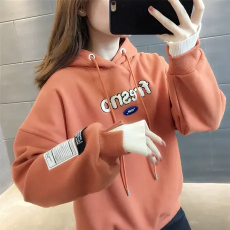 连帽卫衣加绒加厚2023新款百搭拼接袖口个性设计感宽松上衣女士冬商品大图